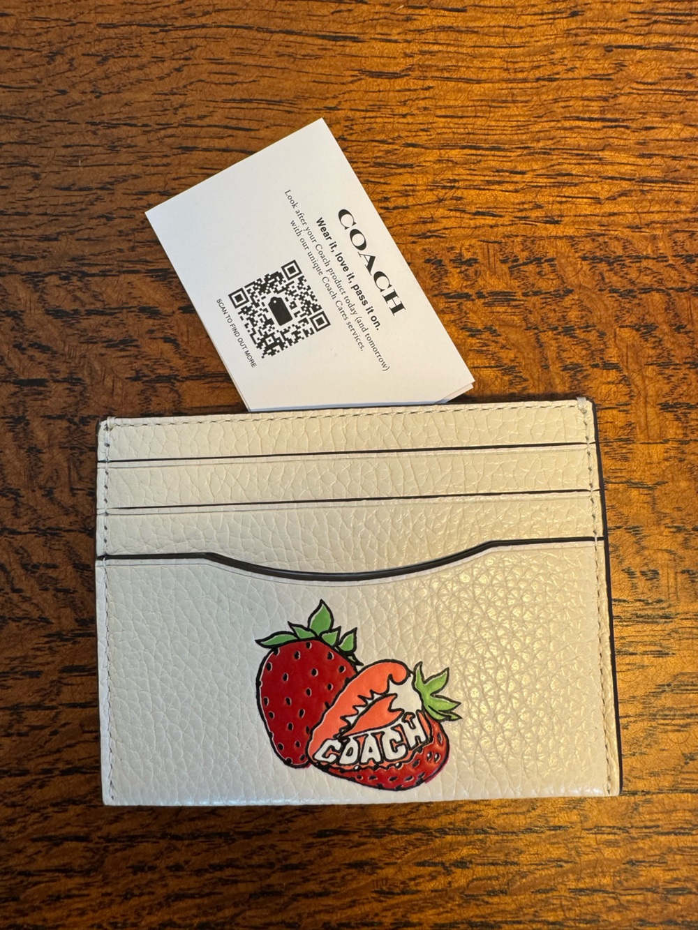 Coach Slim Pebbled Leather ID Card Holder w/Strawberry Graphic - Like New
